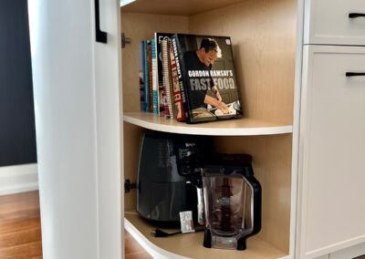 White corner cabinet with open coffee station shelving, Toronto